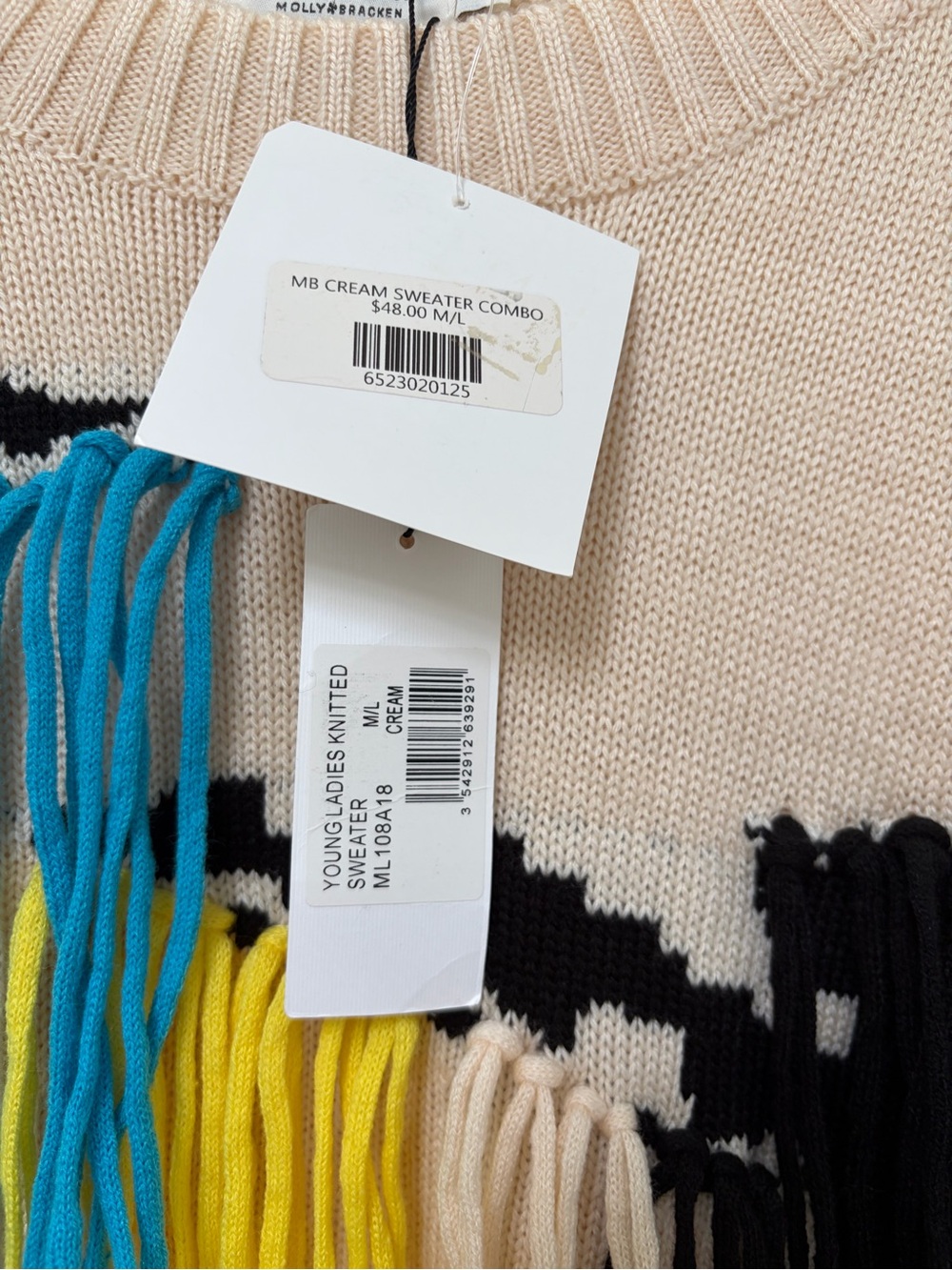 Fringe-Trim Crewneck Sweater in Beige and Black by Lili Sidonio - Picture 5 of 6
